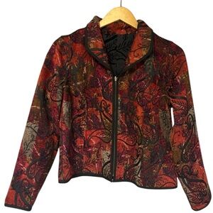 Women's Brocade Reversible  Zip Up Jacket Blazer Red Black Gold Textured